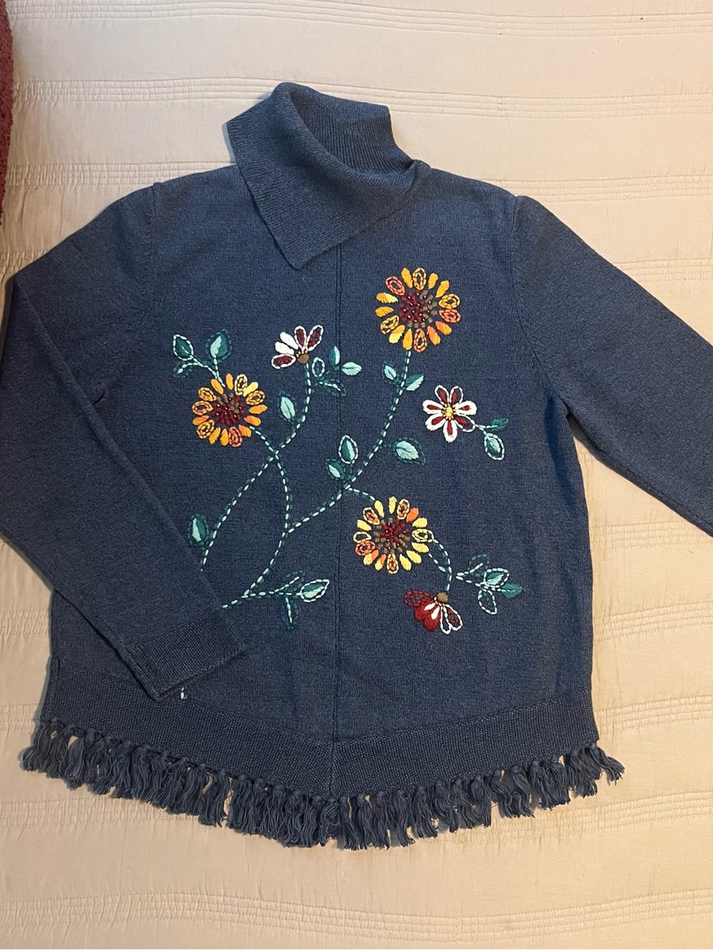 Alfred Dunner Navy Blue Floral Embroidered Turtleneck Sweater Sunflower PM